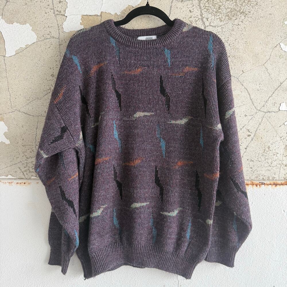 Vtg Grandpa Sweater Geometric Knit Purple‎ Abstract 90s Ziziano USA Made Mens XL